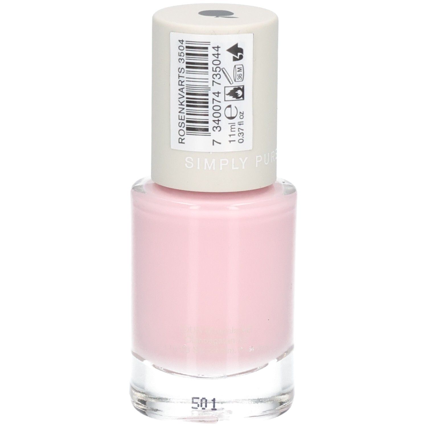 Ein hellrosa Nagellack in einer Glasflasche mit weißem Deckel. Enthält 11 ml.