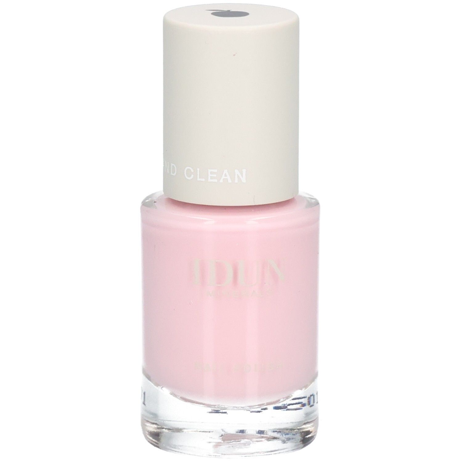 Ein hellrosa Nagellack in einer Glasflasche mit einem cremefarbenen Deckel. Der Markenname ist auf der Flasche eingeprägt.