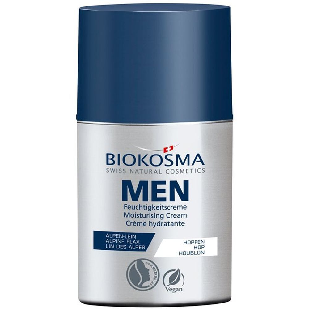 Creme-Spender mit blauem Deckel. Aufschrift: BIOKOSMA MEN Feuchtigkeitscreme. Vegan-Siegel.
