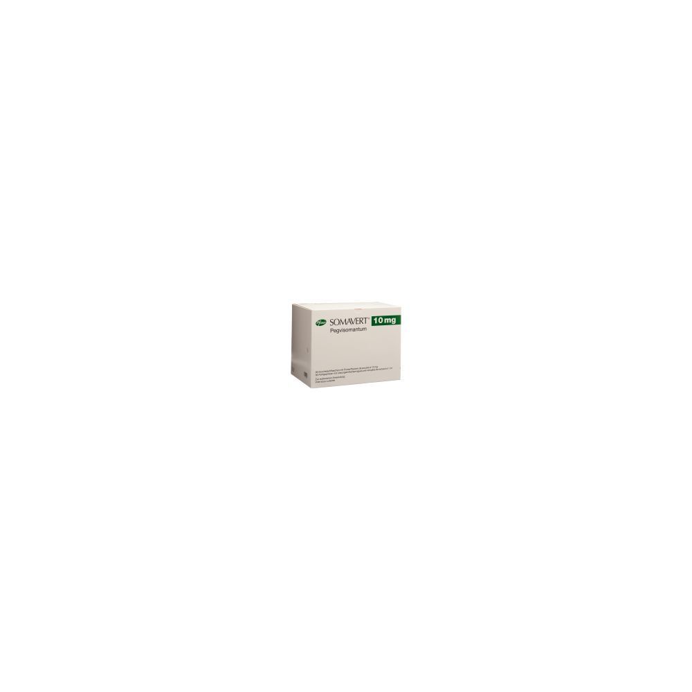 Karton mit Produktaufdruck. Aufschrift: SOMAVERT 10 mg. Grün-weiße Farbgebung.