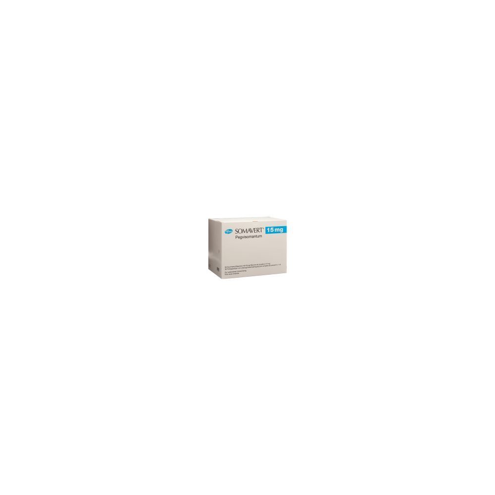 Boîte de médicament blanche avec texte bleu. Inscription: SOMAVERT 15 mg. Emballage pharmaceutique.