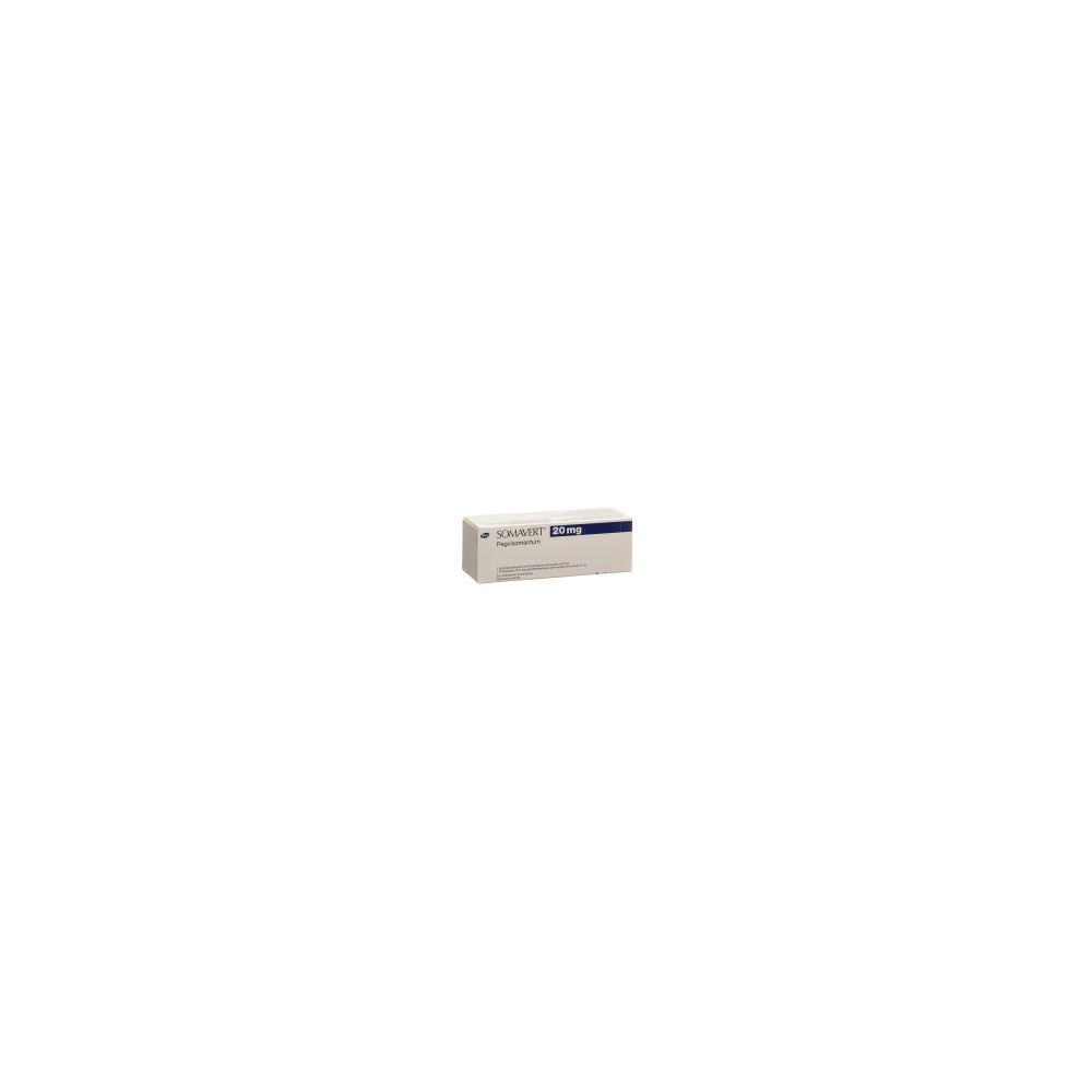 Kartonverpackung mit Produktinformationen. Aufschrift: SOMAVERT 20 mg. Rechteckige Form, weißer Hintergrund.
