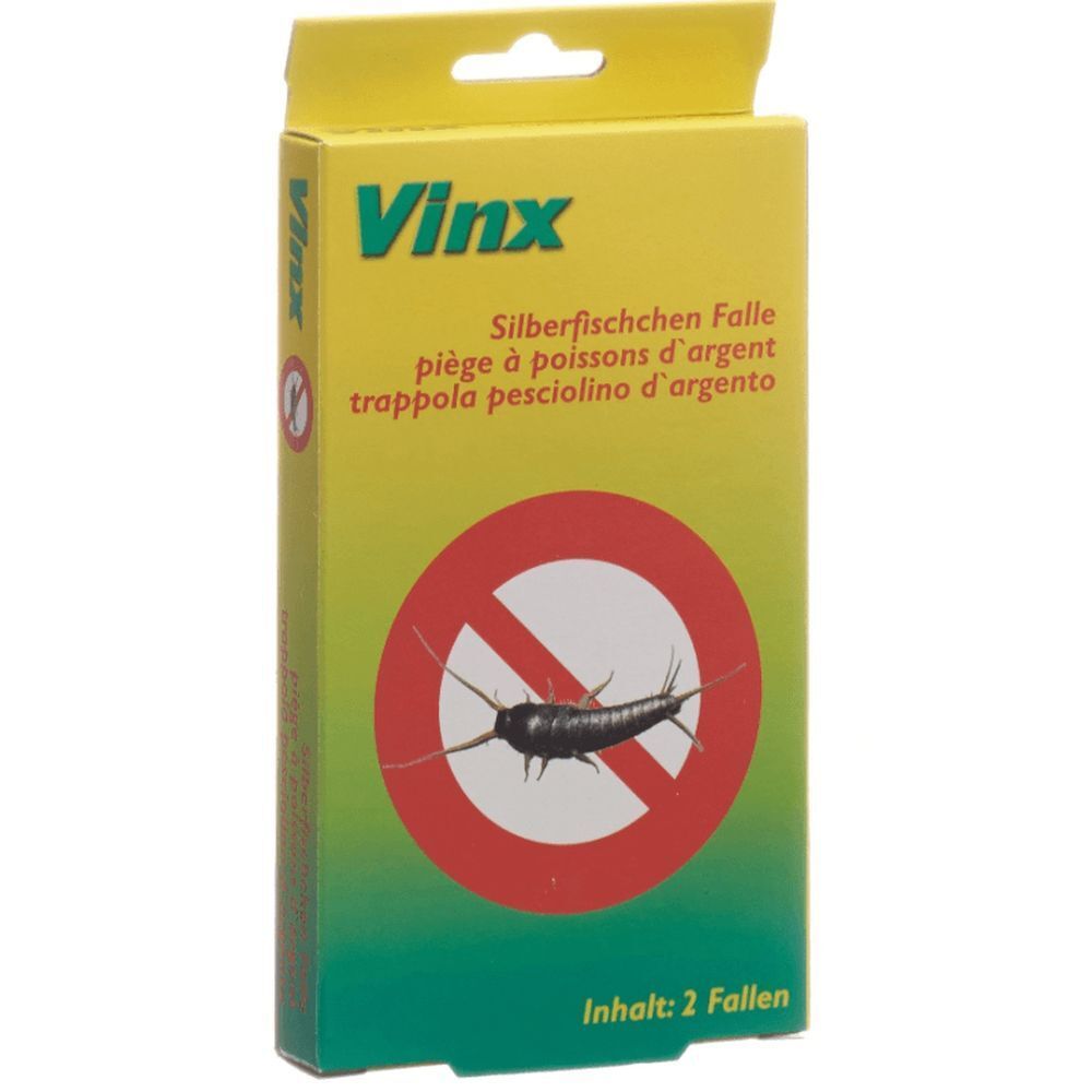 Gelbe Schachtel mit "Vinx"-Logo und Produktbezeichnung. Abbildung eines Silberfischchens im roten Kreis. Inhalt: 2 Fallen.