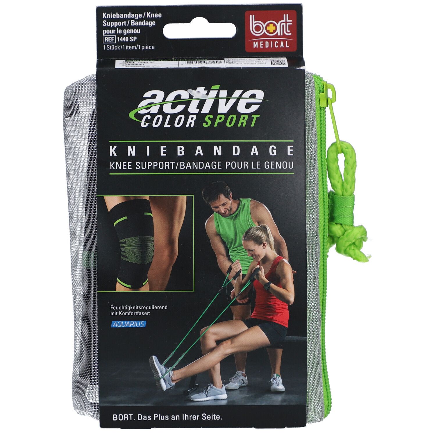 ActiveColor Sport Kniebandage in Verpackung. Schwarze Bandage mit grünem Akzent. Illustration der Anwendung am Knie.