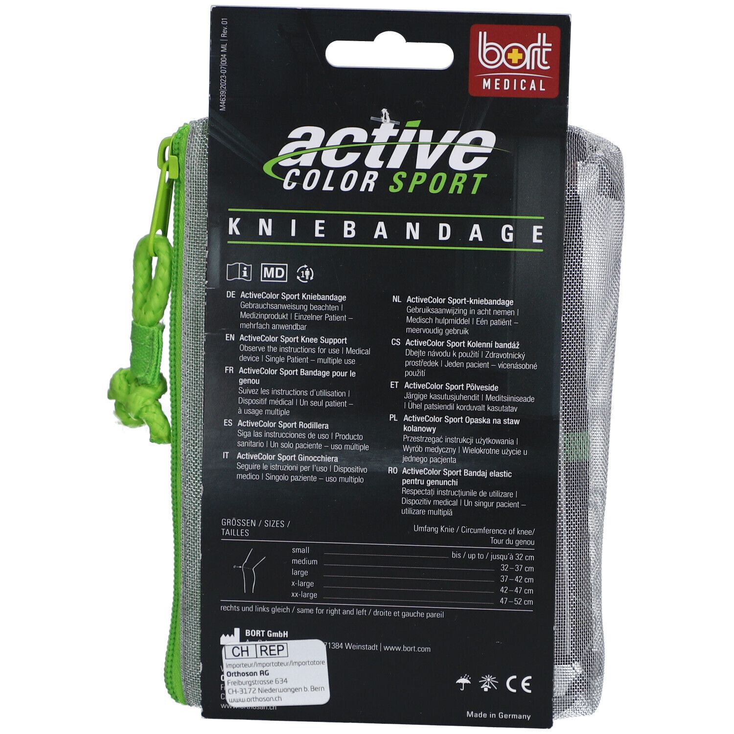 Rückseite der ActiveColor Sport Kniebandage Verpackung. Informationen zur Größe und Gebrauchsanweisung.