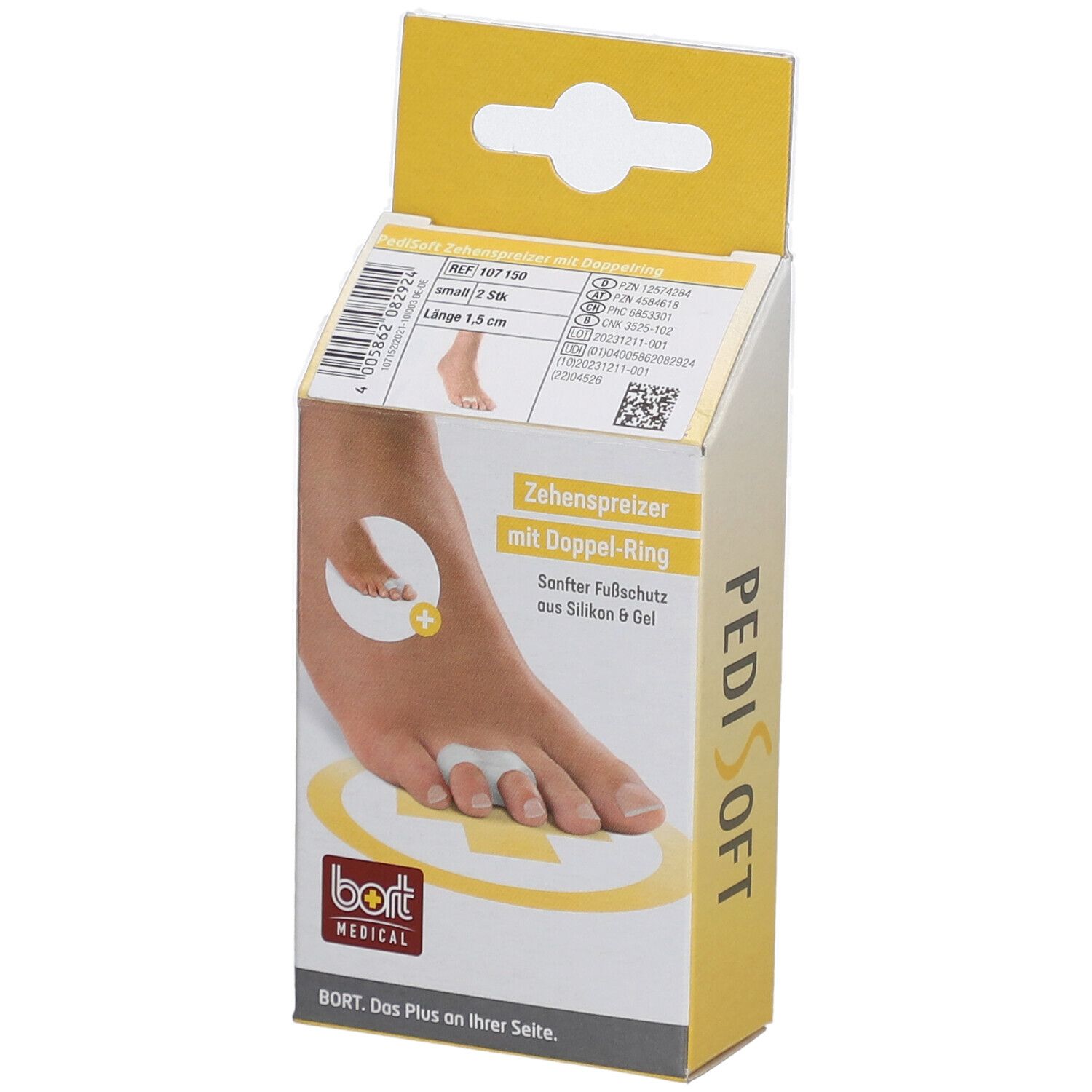 Emballage PediSoft Zehenspreizer avec anneau double. Image du produit et logo de la marque Bort Medical.