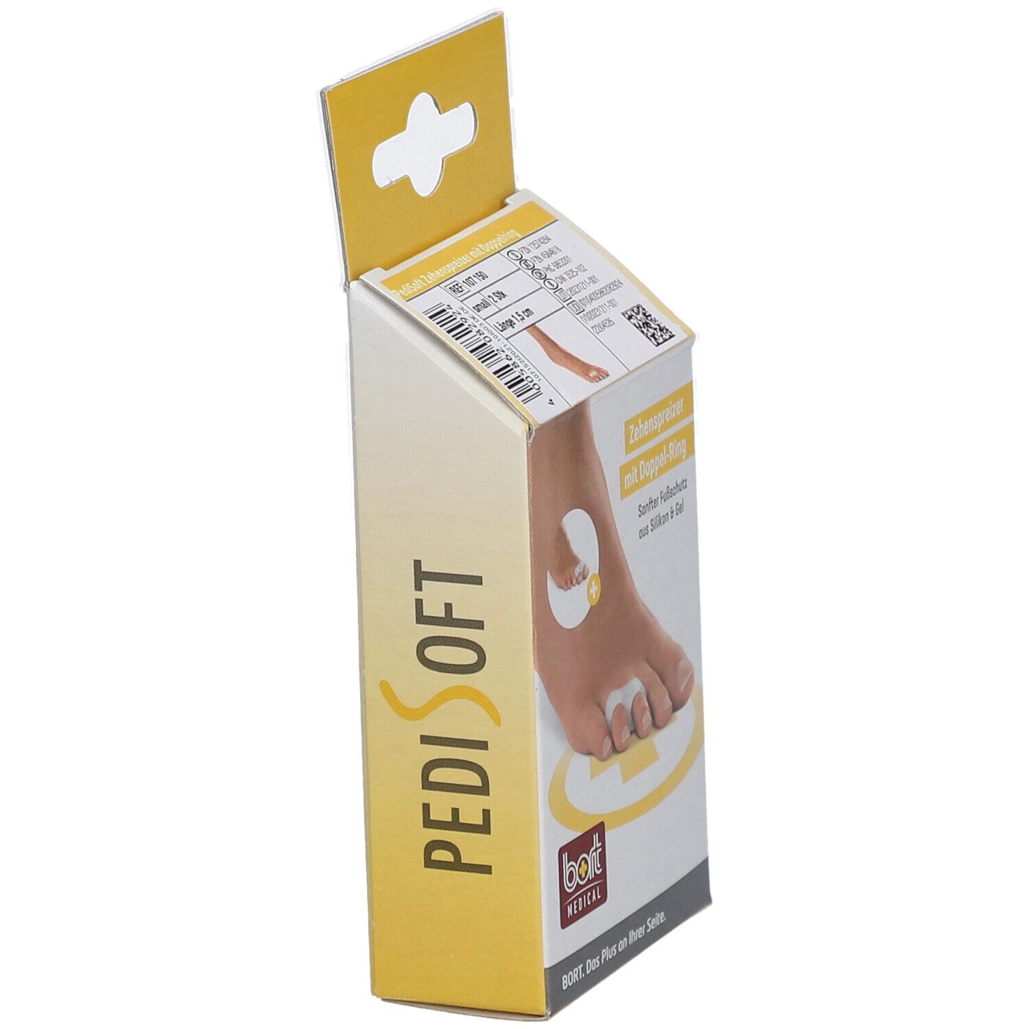 Emballage PediSoft, vue latérale. Nom du produit et logo de la marque Bort Medical visibles.
