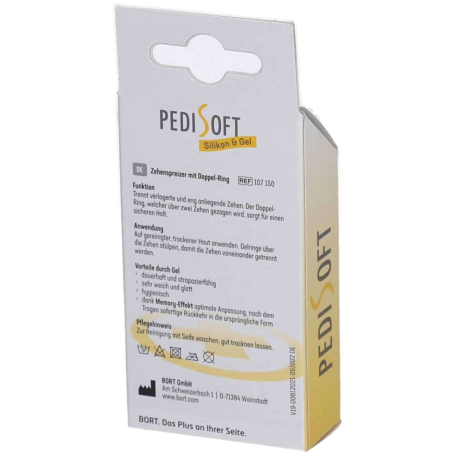 Dos de l'emballage PediSoft. Informations sur le produit et instructions d'entretien.