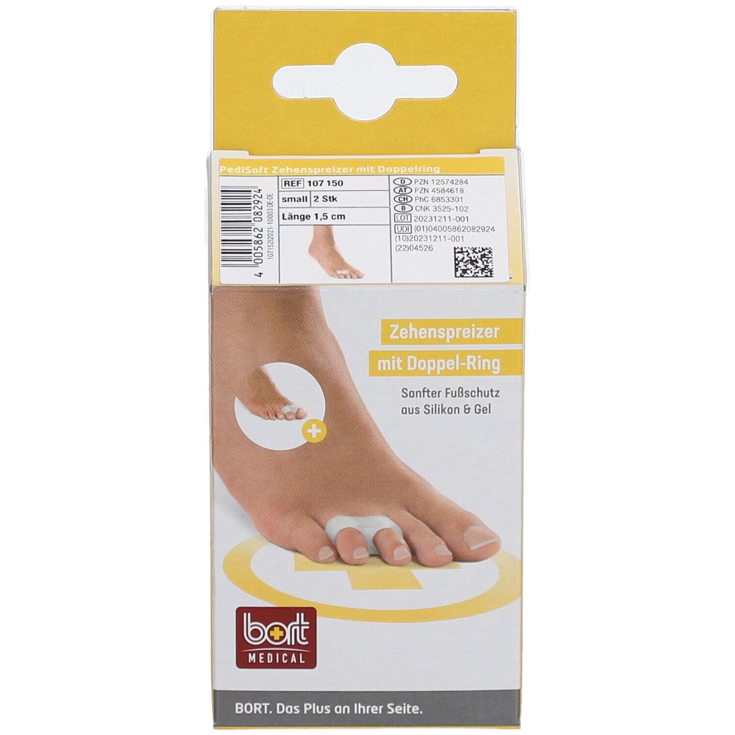 Emballage PediSoft Zehenspreizer. Image du produit, nom et logo de la marque Bort Medical.