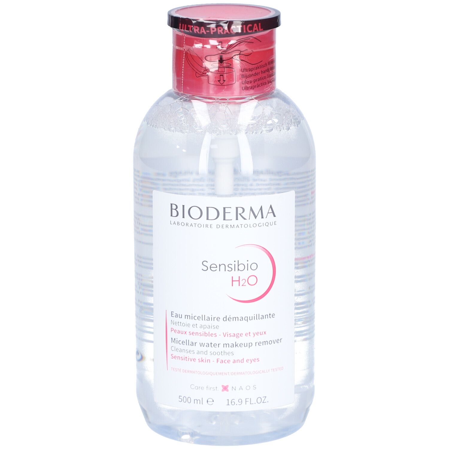 Klare Flasche mit rotem Deckel und Pumpe. Aufschrift: BIODERMA Sensibio H2O. Mizellares Reinigungswasser für empfindliche Haut.