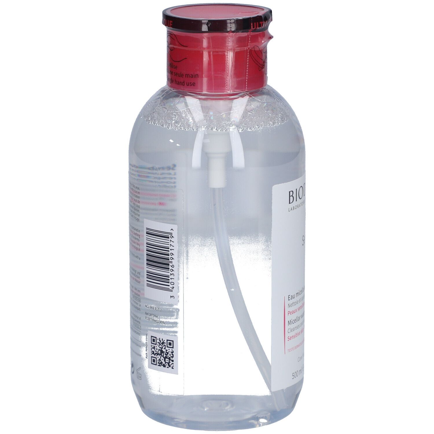 Transparente Flasche mit rotem Deckel und Pumpe. Barcode und QR-Code auf dem Etikett. Rückseite mit Produktinformationen.