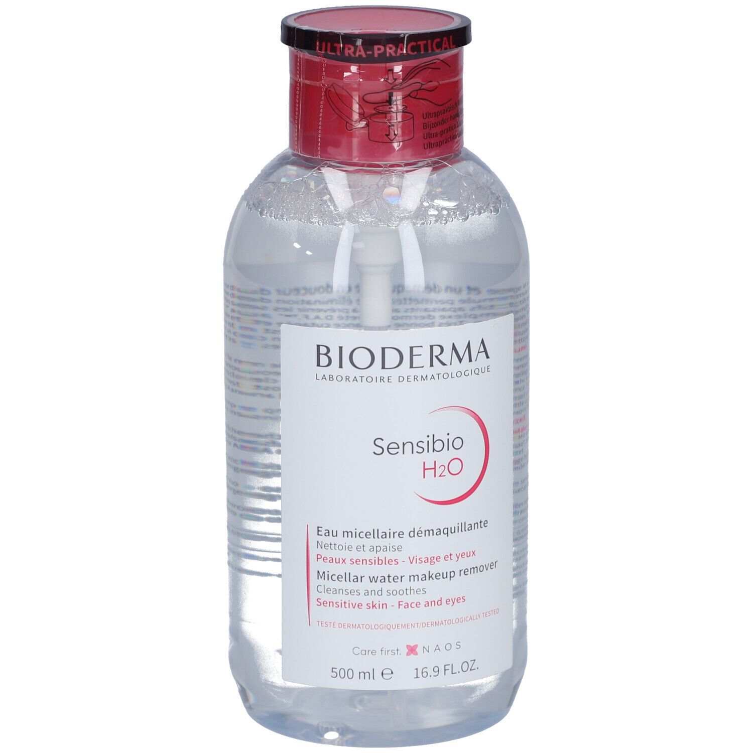 Klare Flasche mit rotem Deckel und Pumpe. Aufschrift: BIODERMA Sensibio H2O. Mizellares Reinigungswasser für empfindliche Haut.