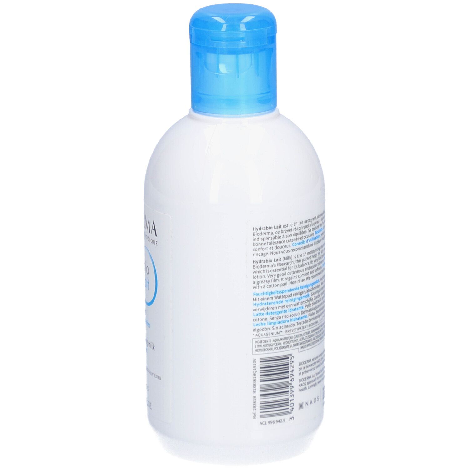 Dos d'un flacon blanc avec bouchon bleu. BIODERMA Hydrabio Lait. Texte multilingue. Code QR et logos.