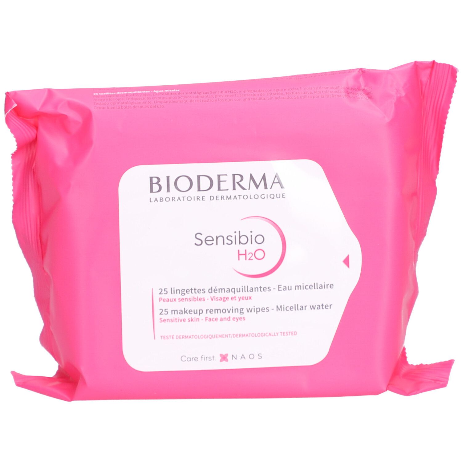 Rosa Verpackung mit weißem Etikett. Aufschrift: Bioderma Sensibio H2O Mizellenwischtücher. 25 Tücher für empfindliche Haut.