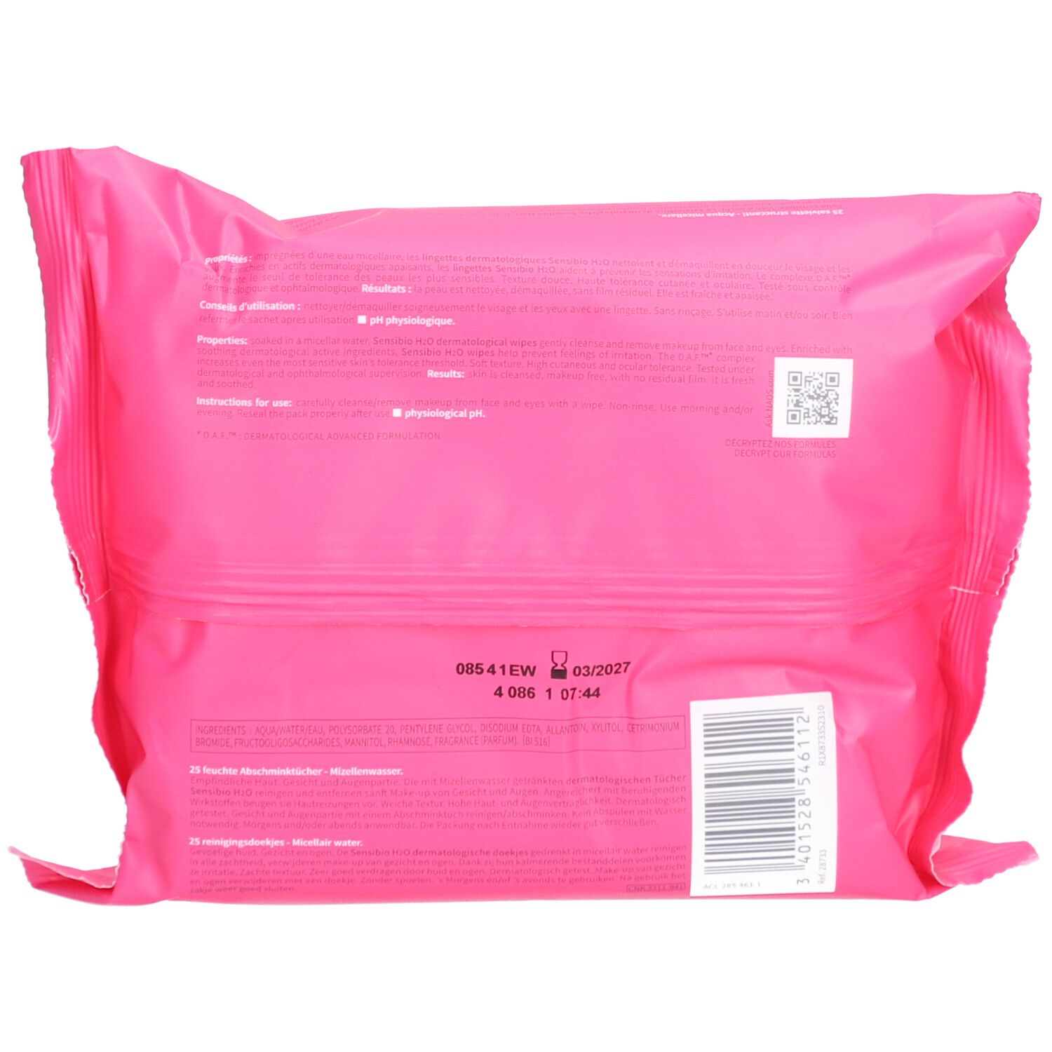 Rückseite der rosa Verpackung. Text und Barcode. Haltbarkeitsdatum: 03/2027.
