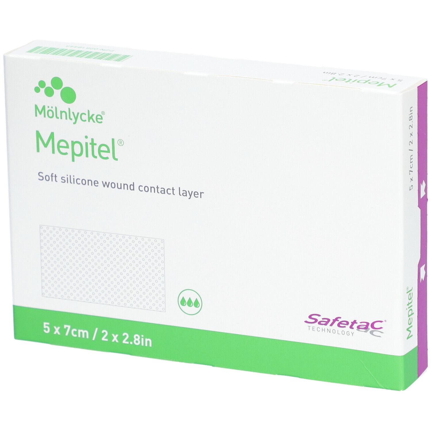 Boîte de Mepitel. Boîte blanche avec des accents verts et roses. Nom du produit et caractéristiques imprimés.