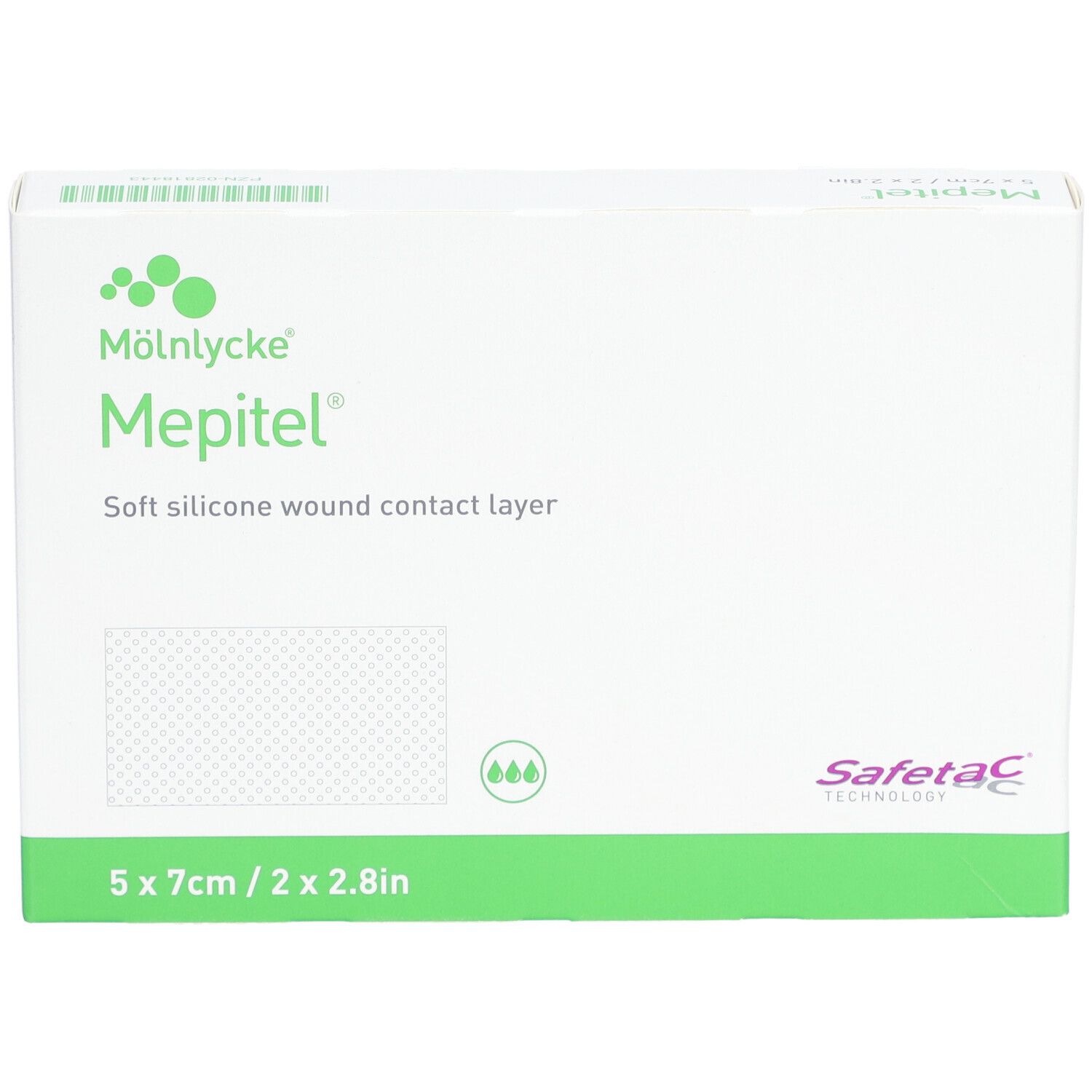 Emballage Mepitel. Boîte blanche avec accent vert. Nom, caractéristiques et taille imprimés.