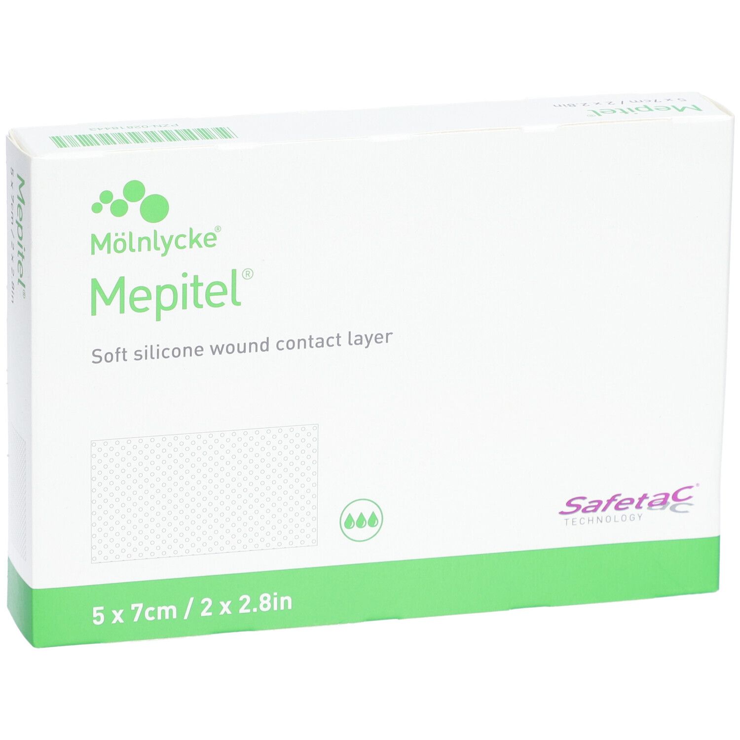 Emballage Mepitel. Boîte blanche avec accent vert. Nom, caractéristiques et taille imprimés.