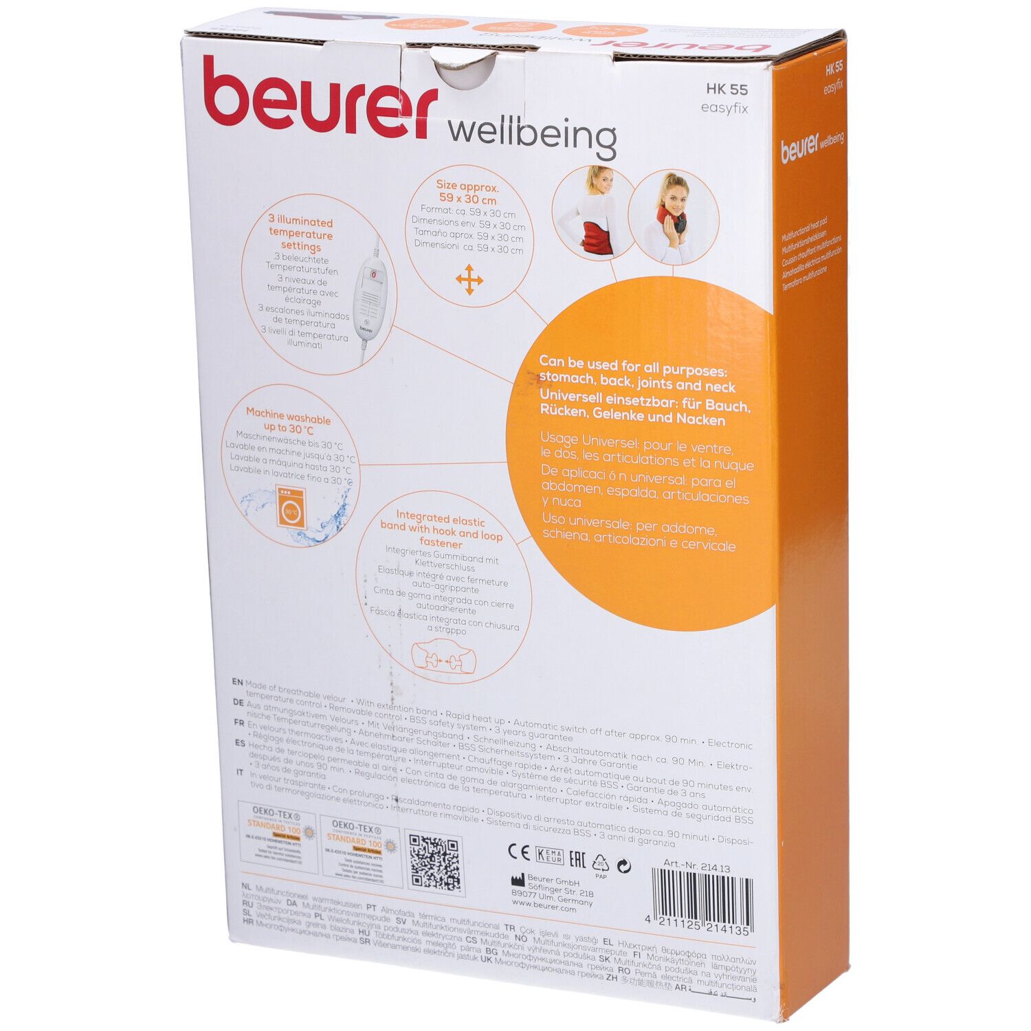 Rückseite der Verpackung. Textinformationen, Piktogramme und Produktabbildungen. Marke: beurer.