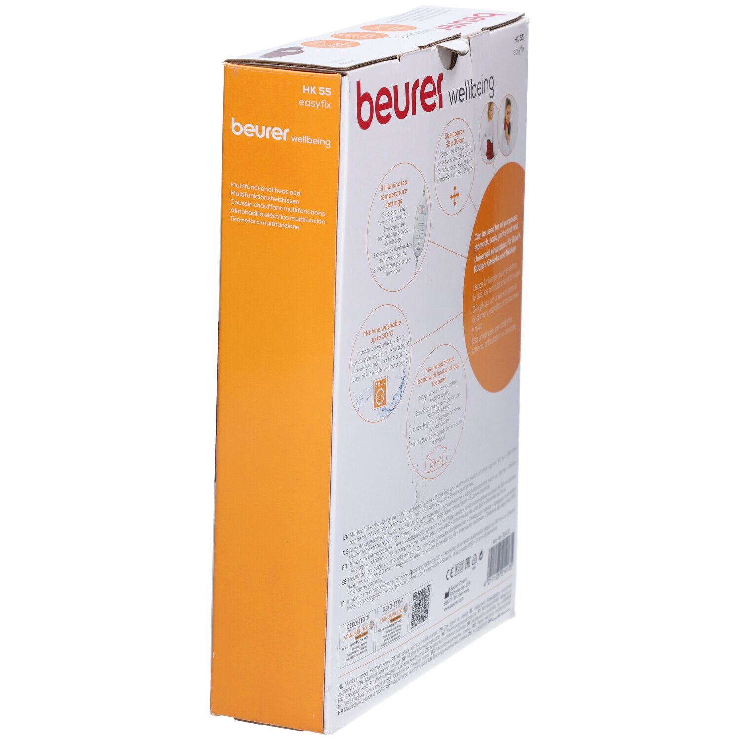 Verpackung, schräg. Textinformationen und Piktogramme. Marke: beurer.