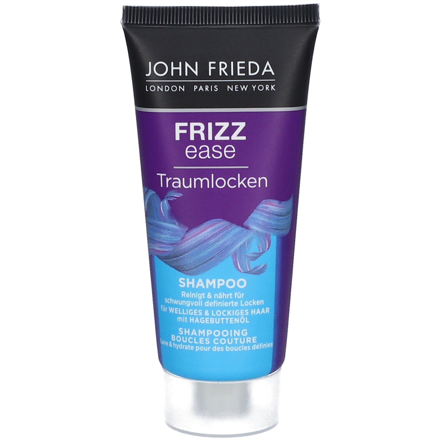 Tube de shampooing John Frieda. Bouchon noir, partie centrale violette avec texte Frizz Ease Traumlocken. Graphique vagues bleues.
