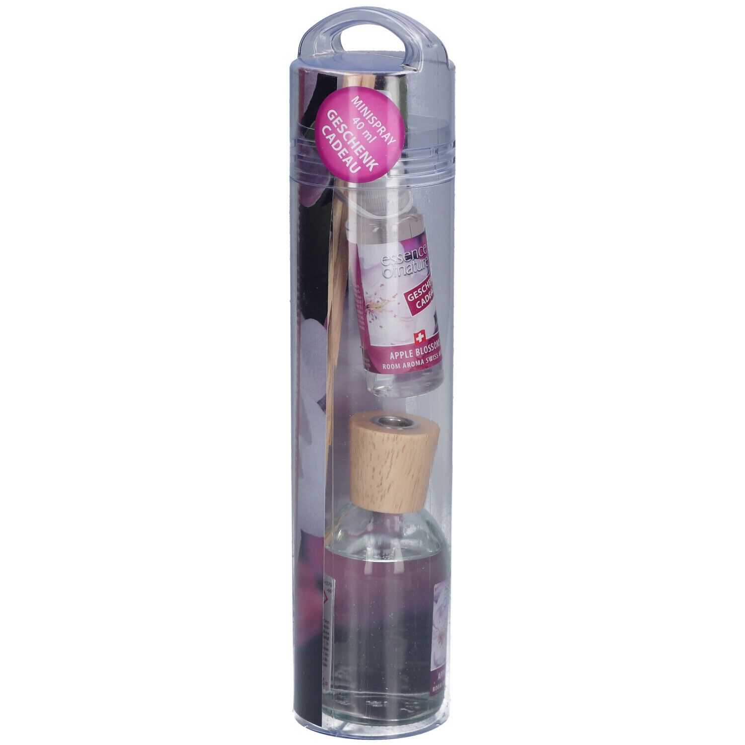Raumduft-Sticks in transparenter Verpackung. Enthält eine Glasflasche, Sticks und eine kleine Sprühflasche mit Aufschrift 'Minispray'.
