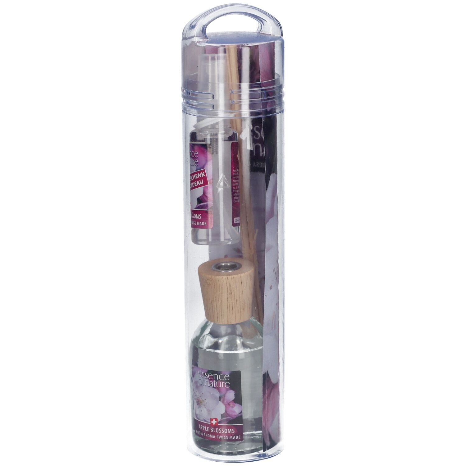 Raumduft-Sticks in transparenter Verpackung. Enthält eine Glasflasche, Sticks und zwei kleine Sprühflaschen.