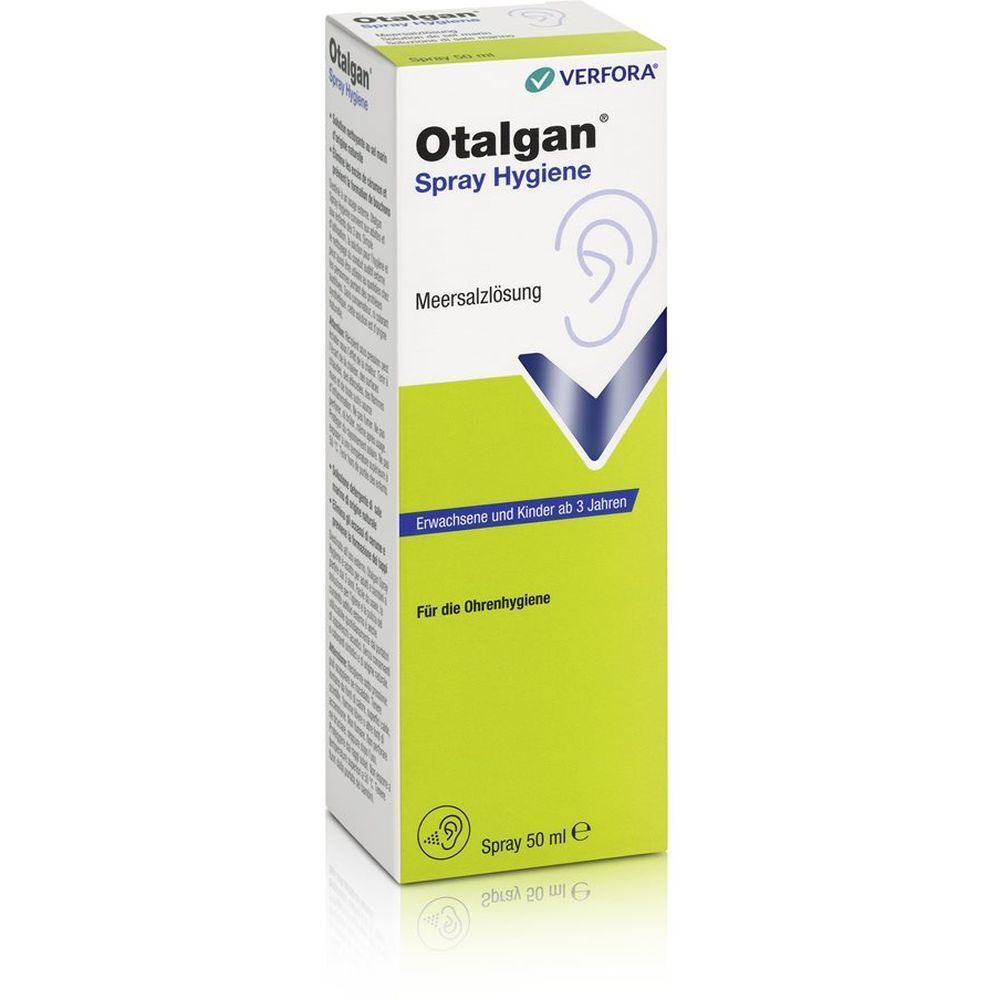 Otalgan Spray Hygiene in Kartonverpackung. Grün-weiße Verpackung mit Produktnamen, Ohr-Illustration und Text. Enthält 50 ml.