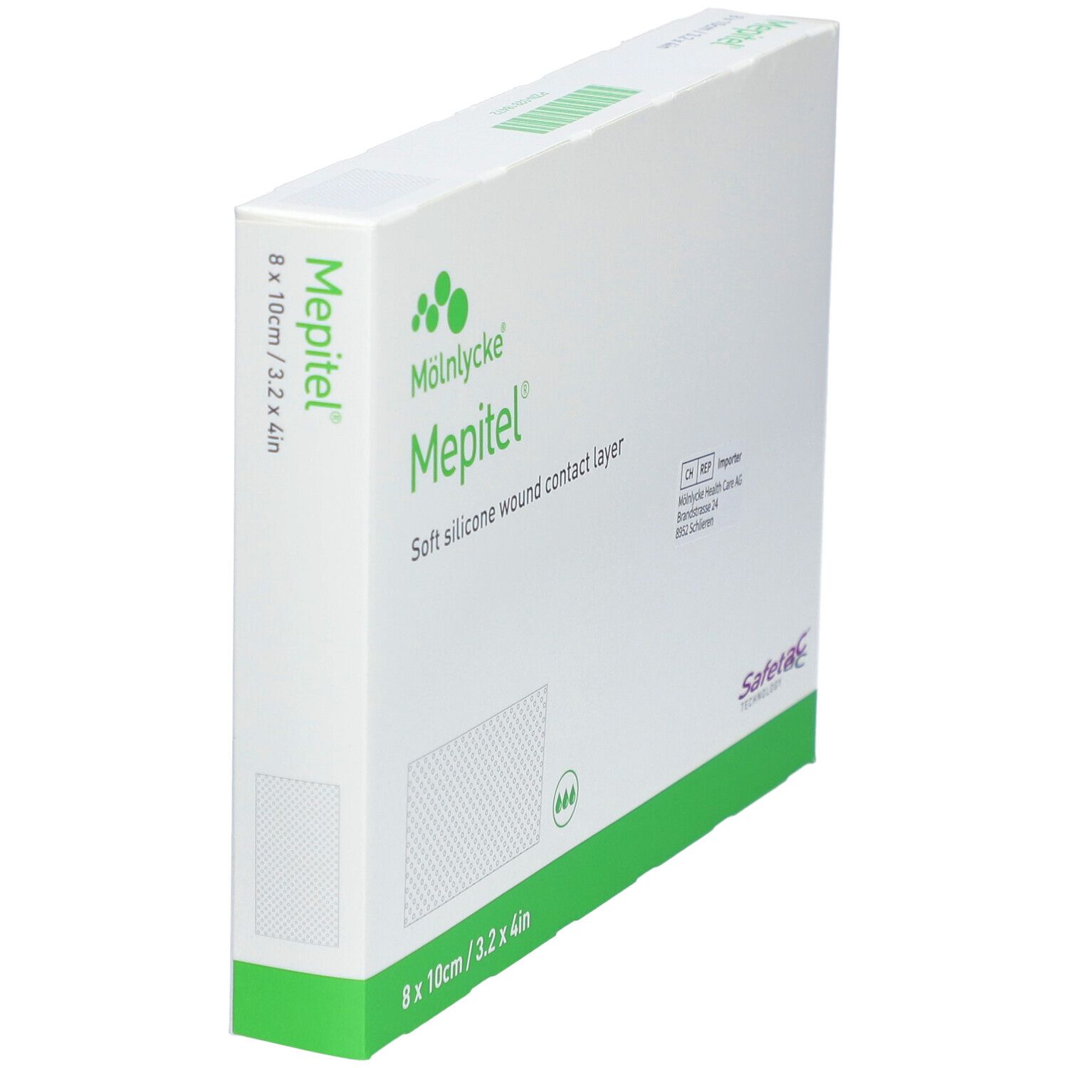 Mepitel-Verpackung, 8x10cm, steril. Weiche Silikon-Wundkontaktschicht. Safetac-Technologie. Grün-weiße Schachtel, Seitenansicht.