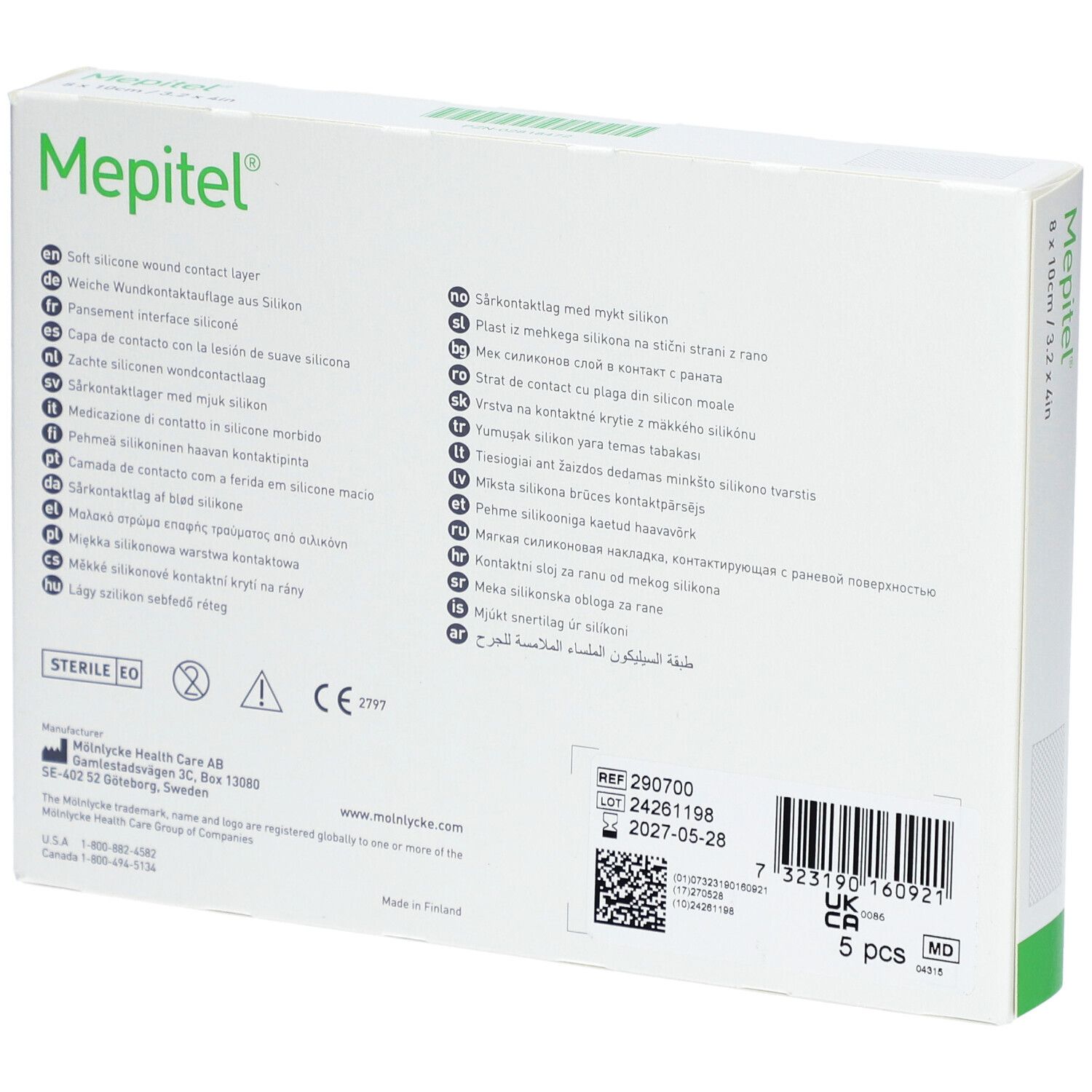 Rückseite der Mepitel-Verpackung. Mehrsprachige Informationen. Steril, CE-Kennzeichnung, Chargennummer, Verfallsdatum, 5 Stück.