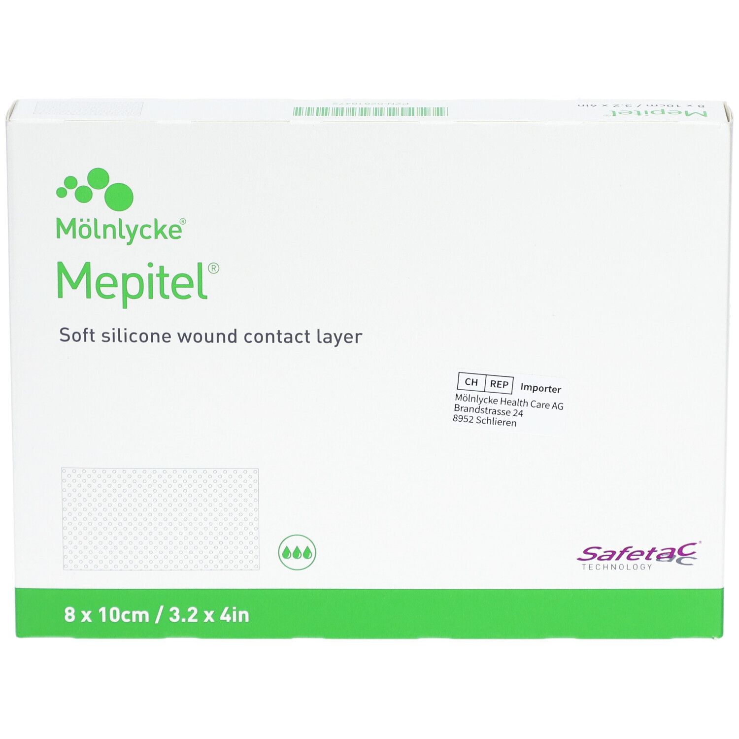 Mepitel-Verpackung, 8x10cm, steril. Weiche Silikon-Wundkontaktschicht. Safetac-Technologie. Grün-weiße Schachtel.
