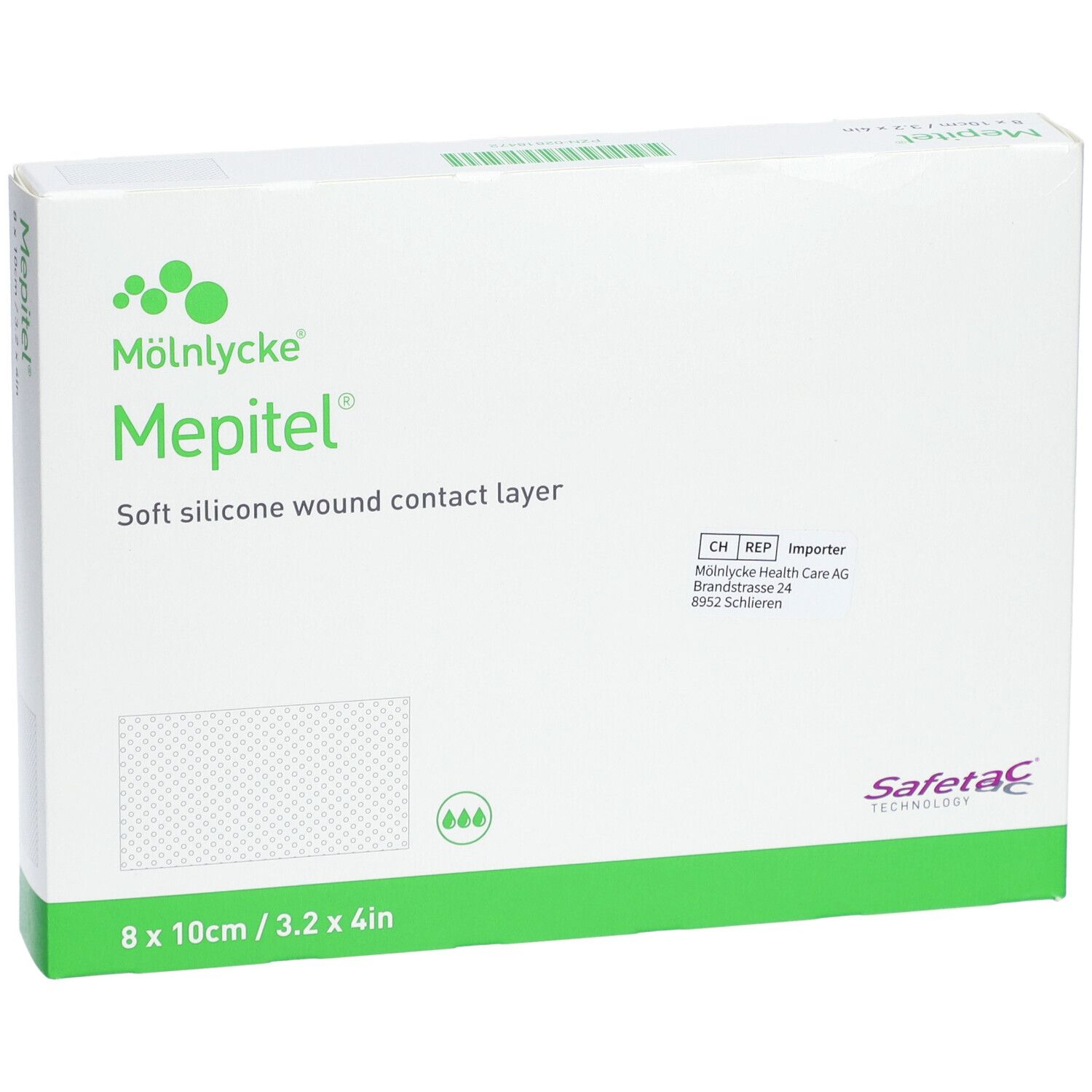 Mepitel-Verpackung, 8x10cm, steril. Weiche Silikon-Wundkontaktschicht. Safetac-Technologie. Grün-weiße Schachtel.
