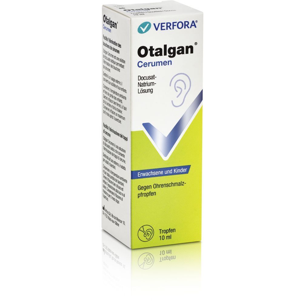 Otalgan® Cerumen, Ohrentropfen in Faltschachtel. Enthält 10 ml. Aufdruck: Verfora, Docusat-Natrium-Lösung. Für Erwachsene und Kinder.