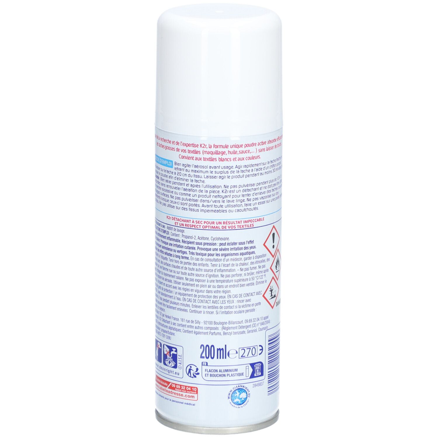 Dos de l'aérosol blanc. Texte et informations. Volume: 200 ml. Flacon aluminium et plastique.