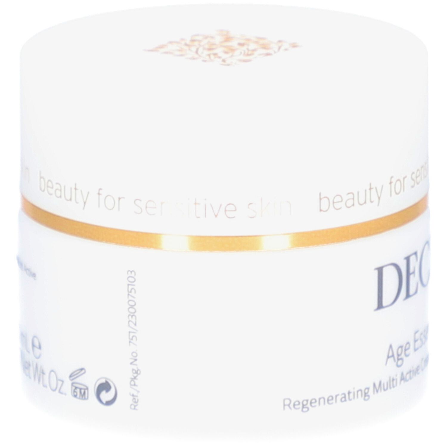 Weißer Tiegel mit goldfarbenem Ring. Aufschrift: DECLARÉ, Age Essential Cream. Rückseite mit Text und Symbolen.