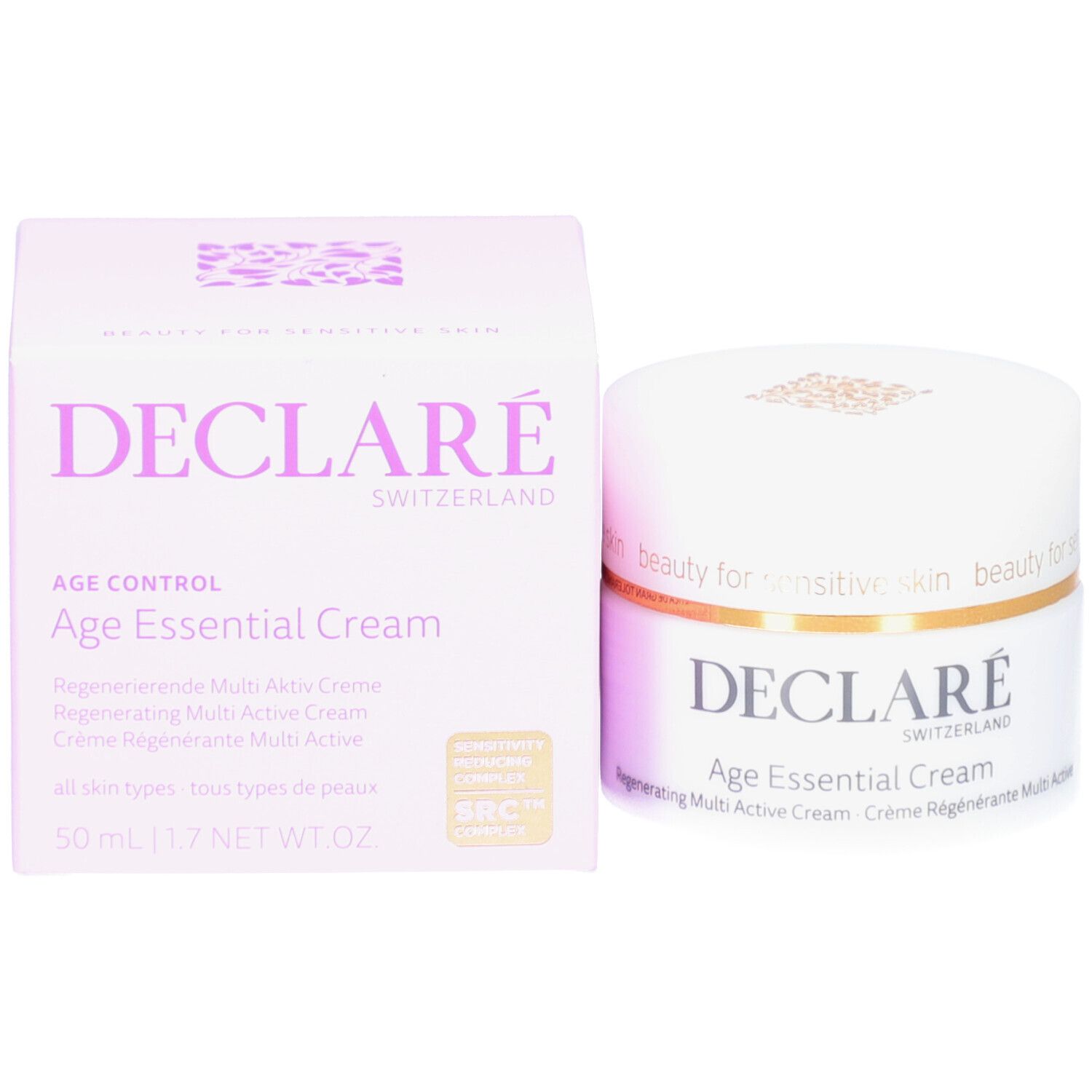 Produktverpackung und Tiegel. Aufschrift: DECLARÉ, Age Essential Cream. 50 ml. Mit SRC-Zertifizierung.