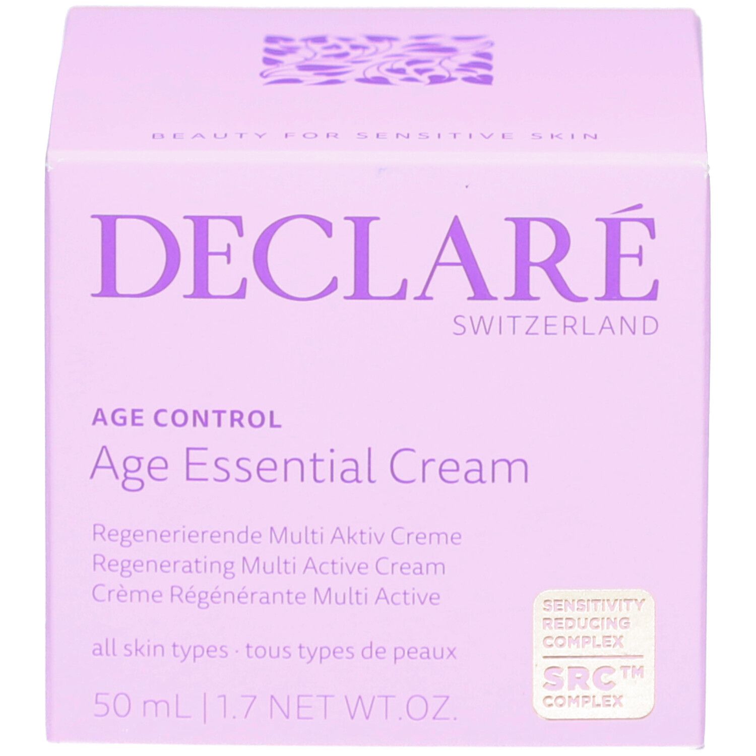 Produktverpackung. Aufschrift: DECLARÉ, Age Essential Cream. 50 ml. Mit SRC-Zertifizierung.