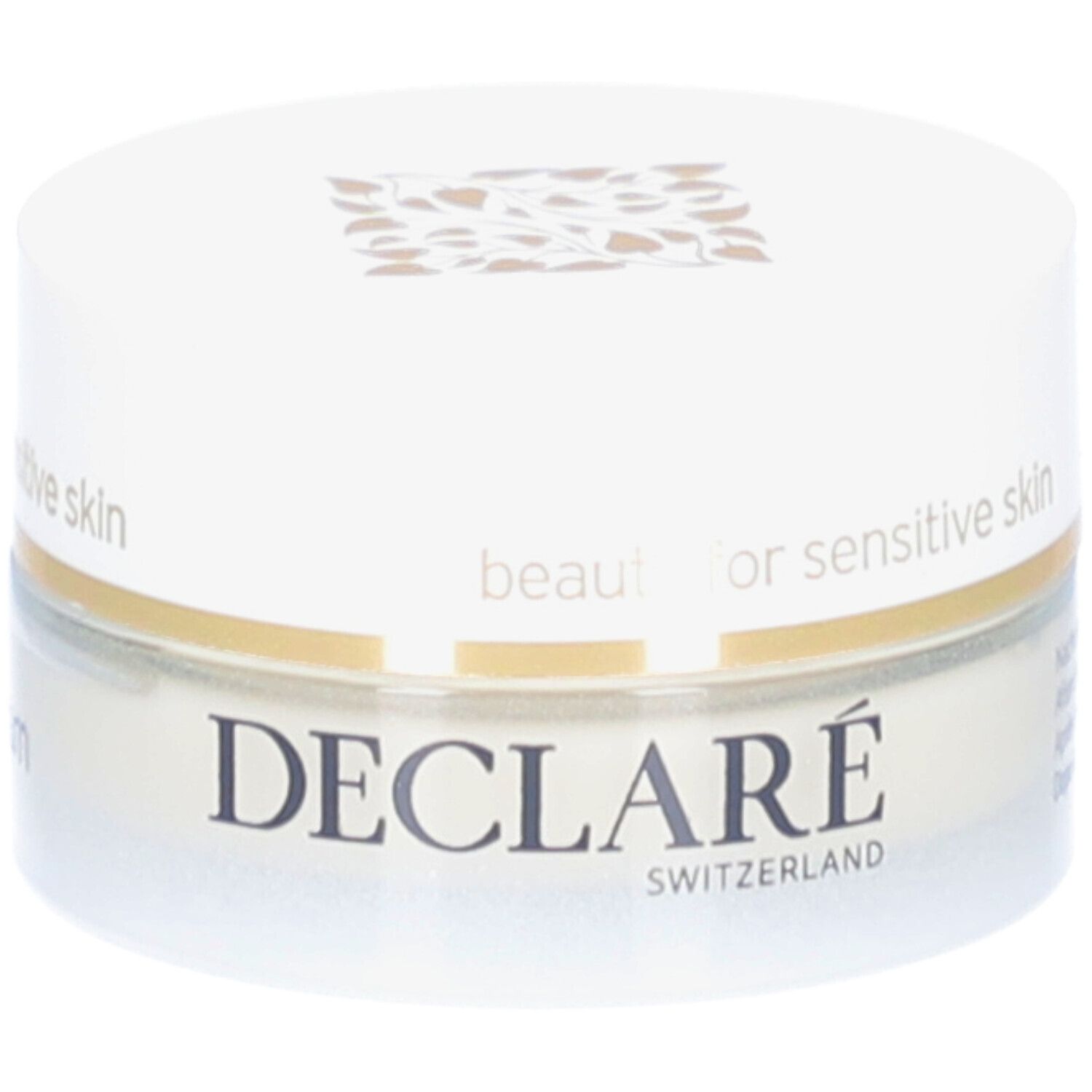Cremebehälter mit Deckel. Aufschrift: DECLARÉ SWITZERLAND. Für empfindliche Haut.
