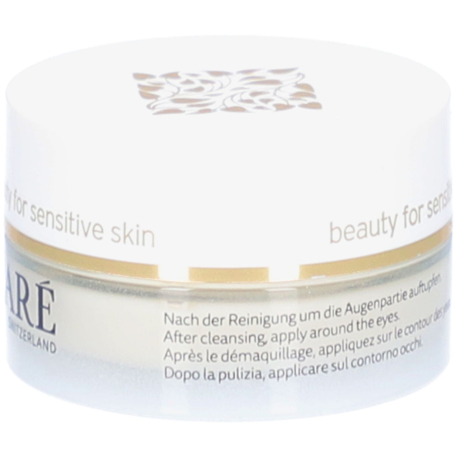 Cremebehälter mit Deckel. Aufschrift: DECLARÉ SWITZERLAND. Age Essential Eye Cream. Text in Deutsch, Französisch, Italienisch.