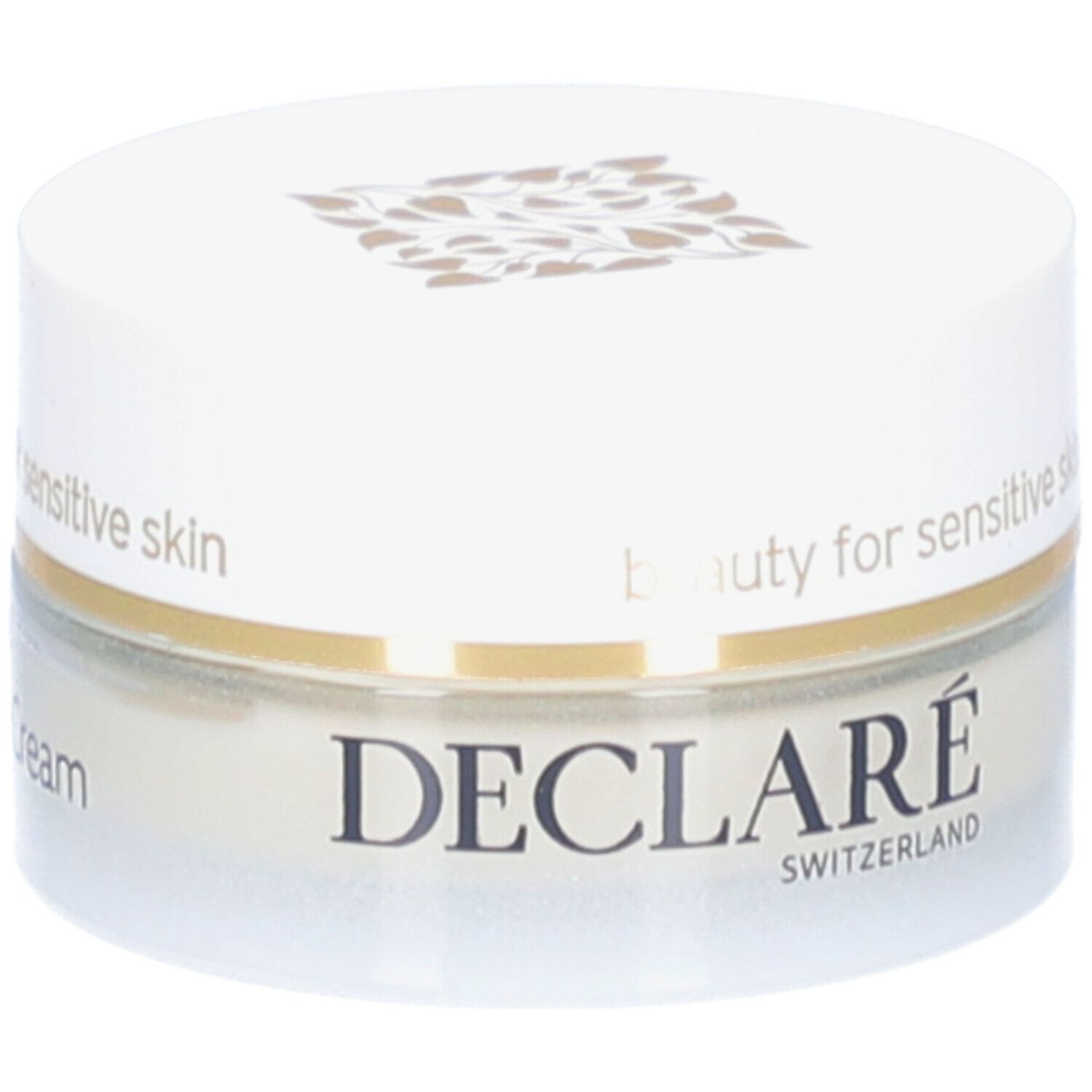 Cremebehälter mit Deckel. Aufschrift: DECLARÉ SWITZERLAND. Für empfindliche Haut.