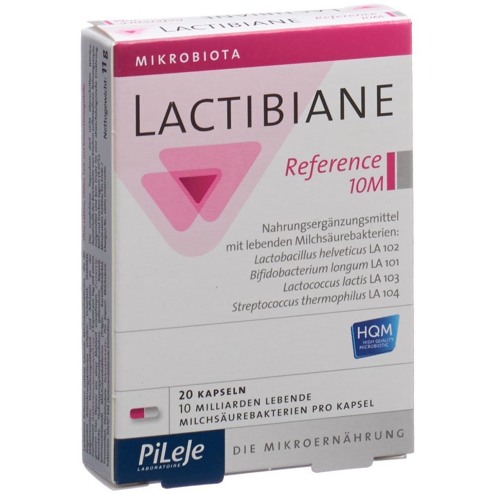 Weißer Karton mit rosa Akzenten. Aufschrift LACTIBIANE Reference 10M. Enthält 20 Kapseln. Marke Pileje.