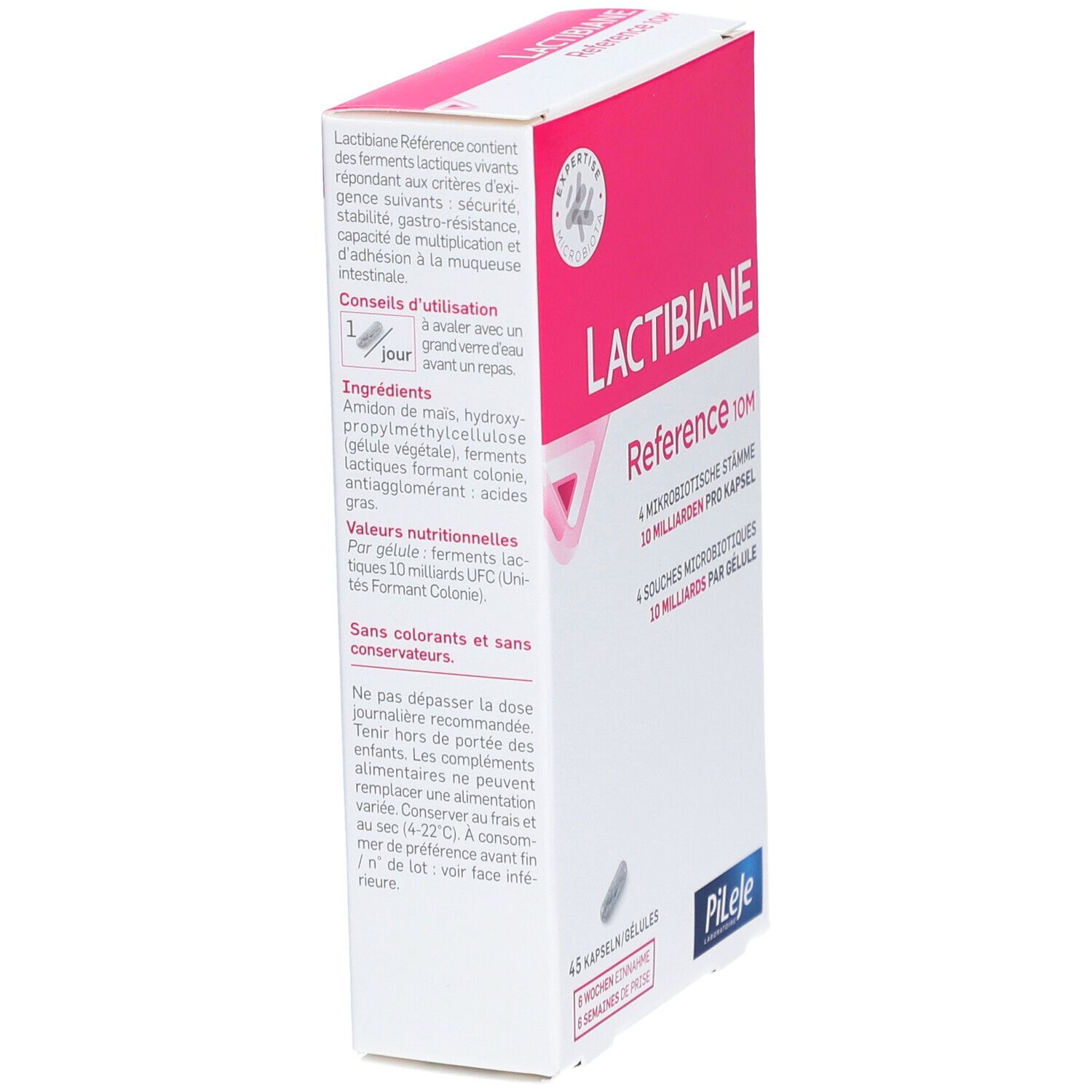 Karton mit rosa Akzenten. Aufschrift Lactibiane Reference 10M. Rückseite mit Informationen. Logo Pileje. 45 Kapseln.