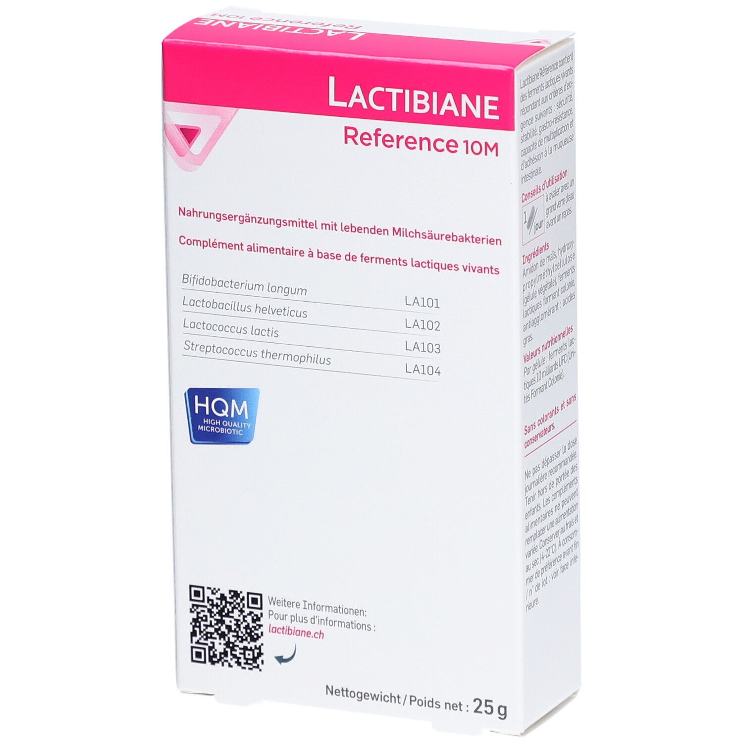 Weißer Karton mit rosa Akzenten. Aufschrift Lactibiane Reference 10M. Auflistung der Inhaltsstoffe. Logo HQM und Pileje.