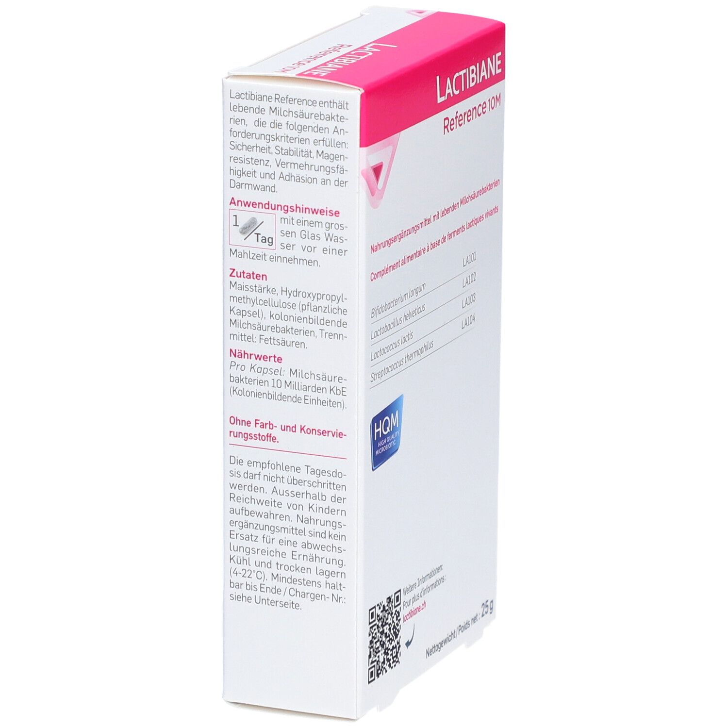Karton mit rosa Akzenten. Aufschrift Lactibiane Reference 10M. Auflistung der Inhaltsstoffe. Logo HQM und Pileje. 25g.
