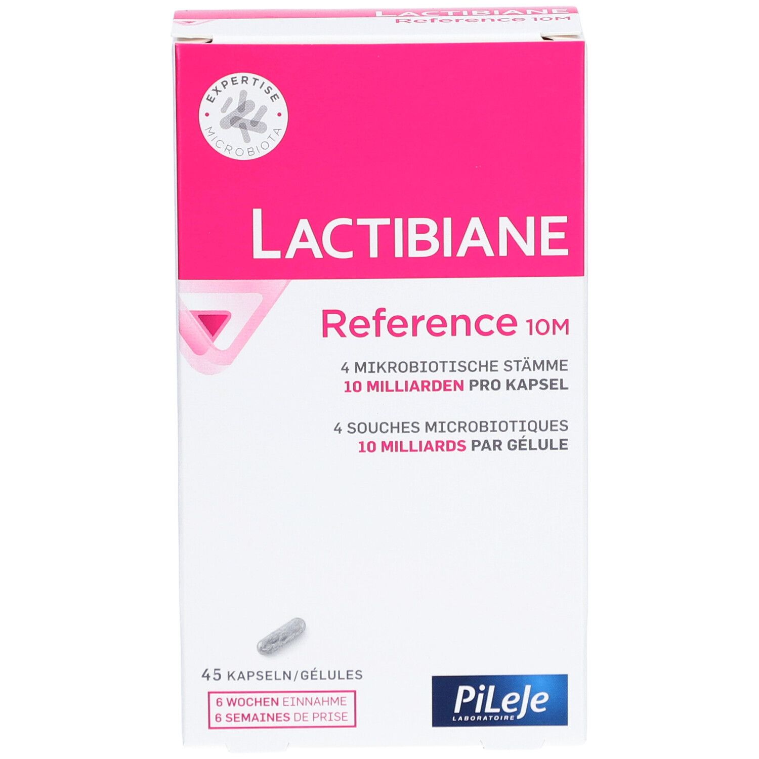 Weißer Karton mit rosa Akzenten. Aufschrift Lactibiane Reference 10M. Enthält 45 Kapseln. Logo Pileje. Eine Kapsel sichtbar.