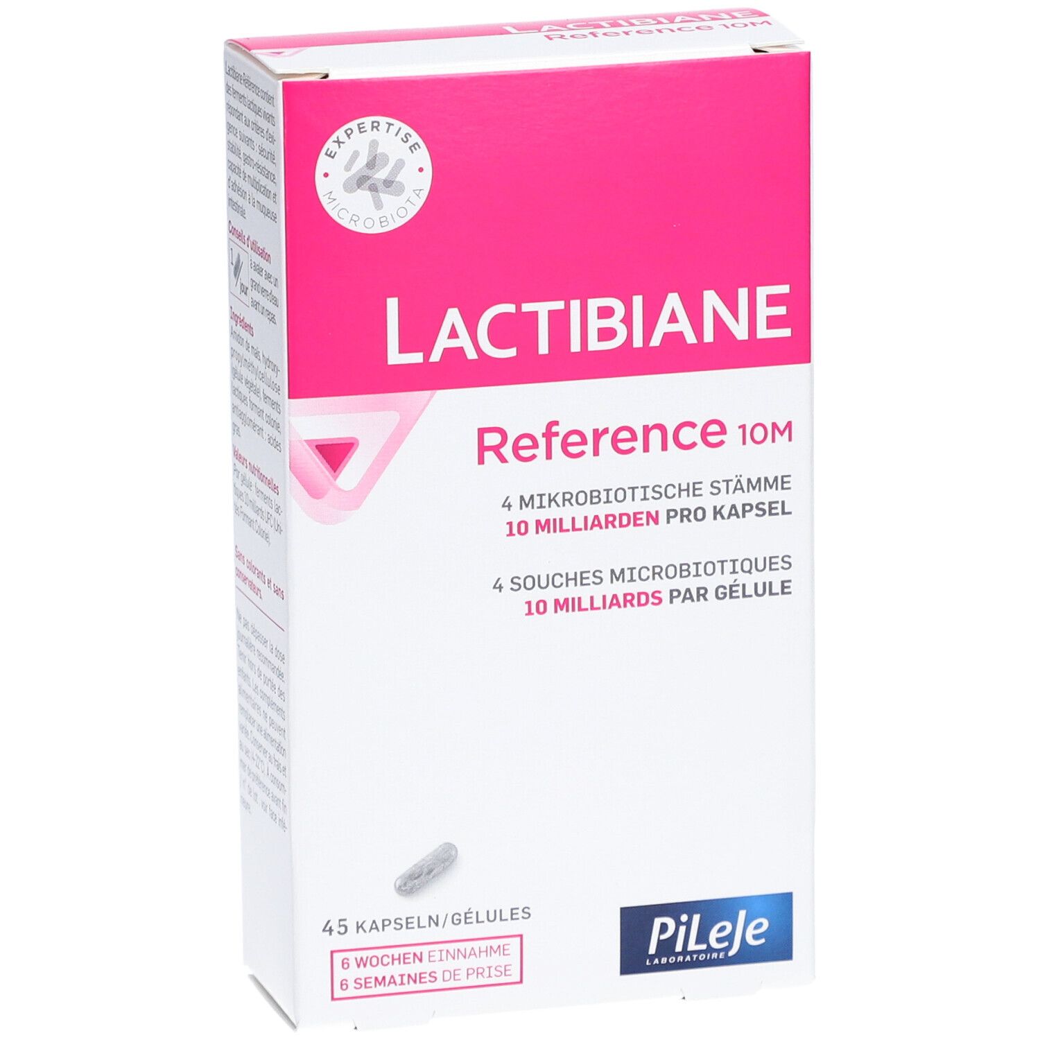 Weißer Karton mit rosa Akzenten. Aufschrift Lactibiane Reference 10M. Enthält 45 Kapseln. Logo Pileje. Eine Kapsel sichtbar.
