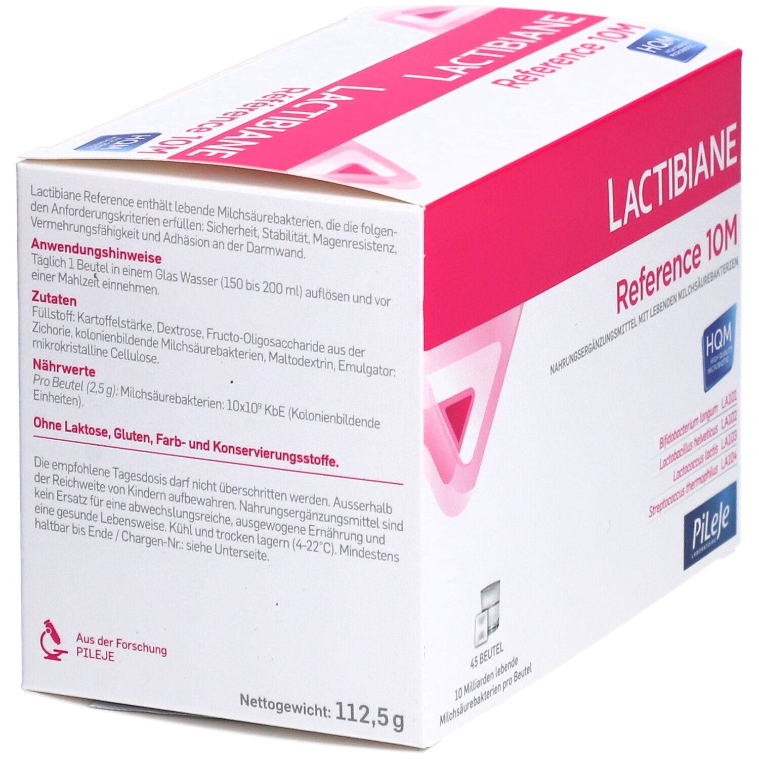 Schachtel LACTIBIANE Reference 10M, weiß-rosa. Enthält 45 Beutel. Aufschrift: Nettogewicht 112,5 g. Text über Inhaltsstoffe und Anwendung.