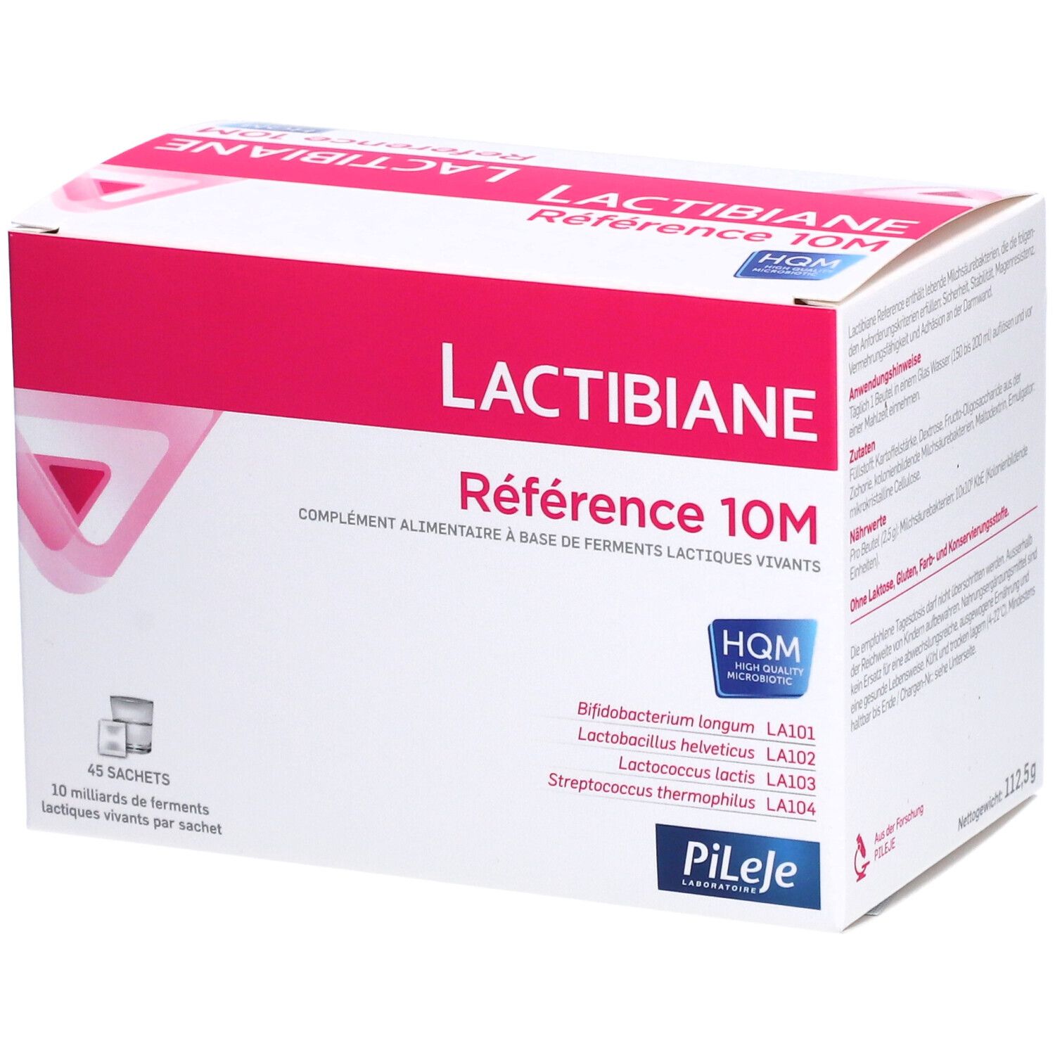 Weiß-rosa Schachtel LACTIBIANE Reference 10M. Enthält 45 Sachets. Aufschrift: Ergänzungsmittel mit lebenden Milchsäurebakterien.