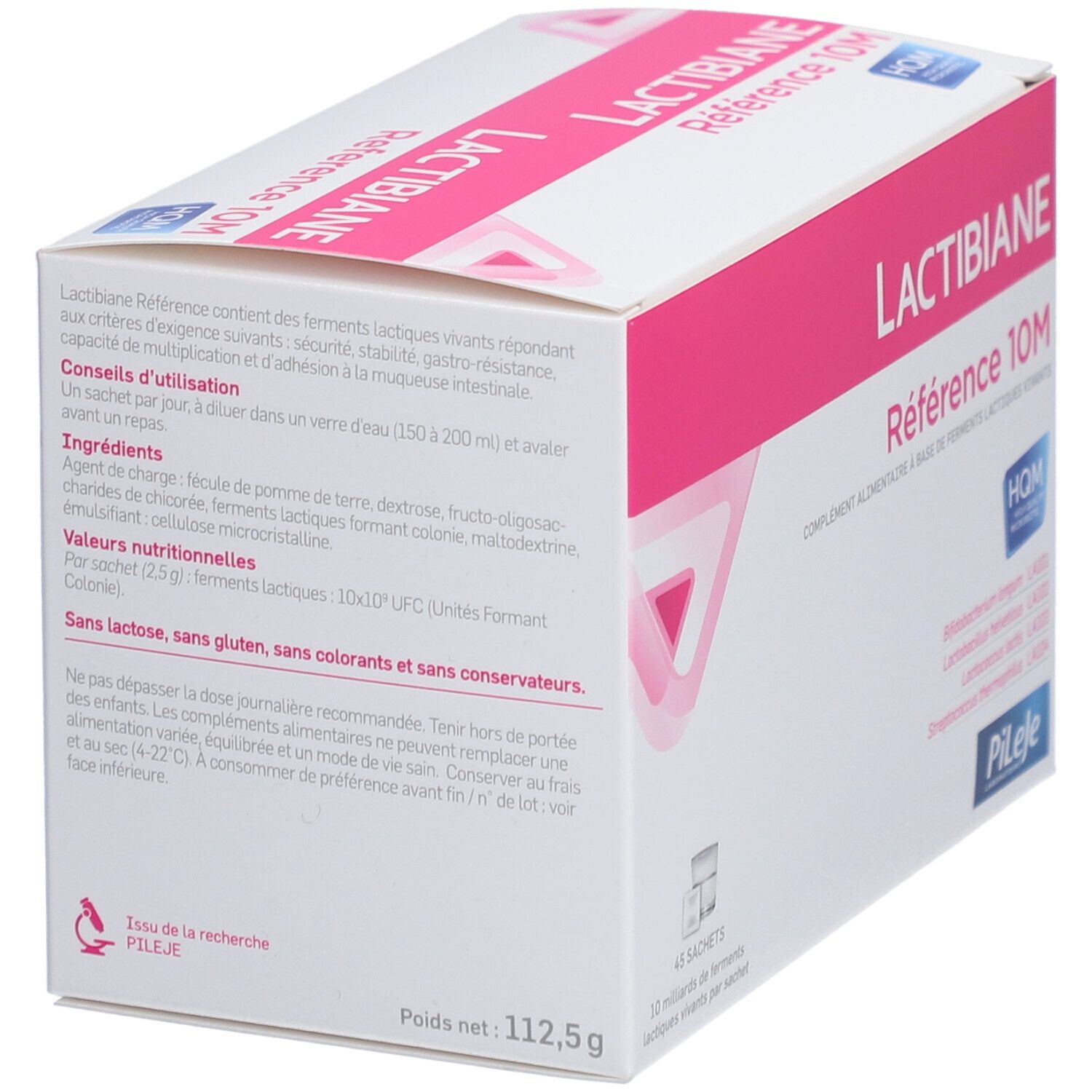 Schachtel LACTIBIANE Reference 10M, weiß-rosa. Enthält 45 Sachets. Aufschrift: Nettogewicht 112,5 g. Text über Inhaltsstoffe und Anwendung.