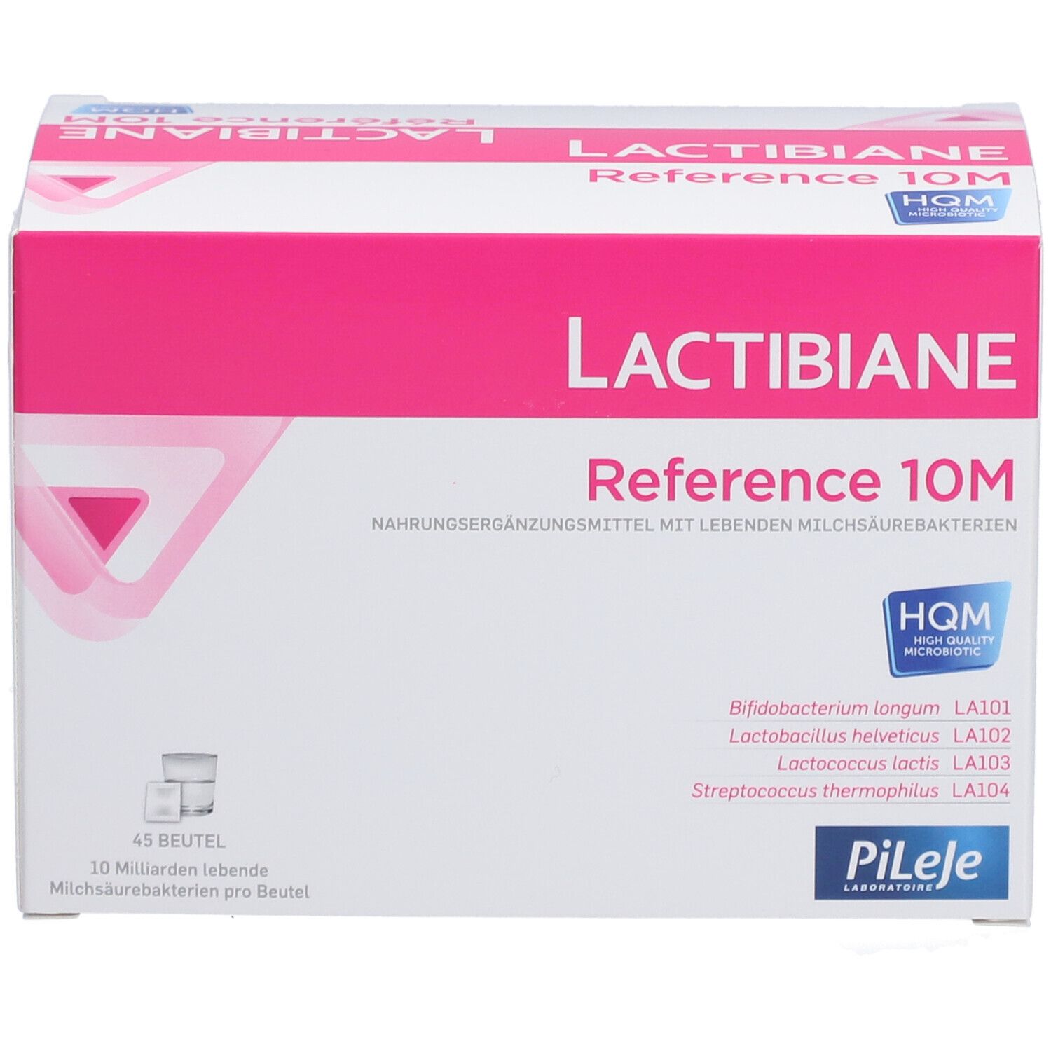 Weiß-rosa Schachtel LACTIBIANE Reference 10M. Enthält 45 Beutel. Aufschrift: Nahrungsergänzungsmittel mit lebenden Milchsäurebakterien.